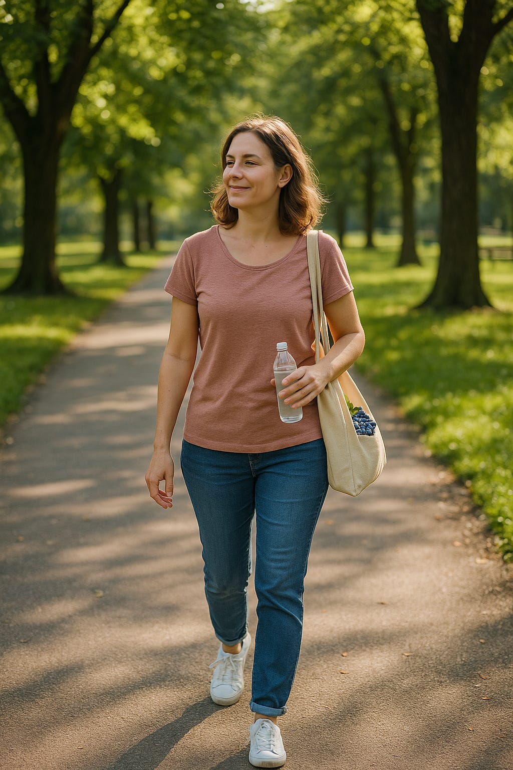 A smiling woman walks through a sunlit park holding a water bottle and a tote bag with blueberries, enjoying a peaceful, tech-free moment outdoors.