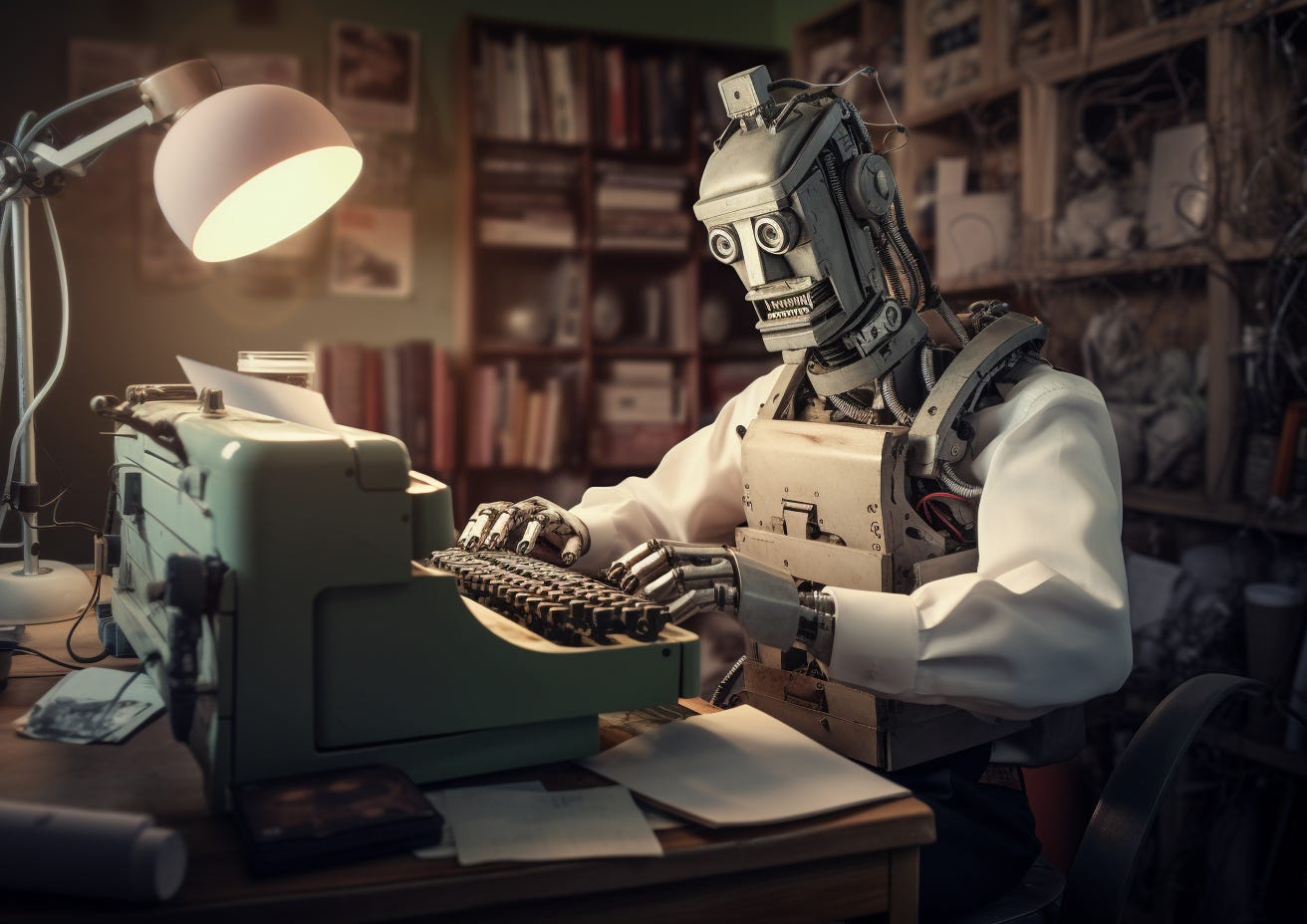 Robot writer typing in a cluttered office