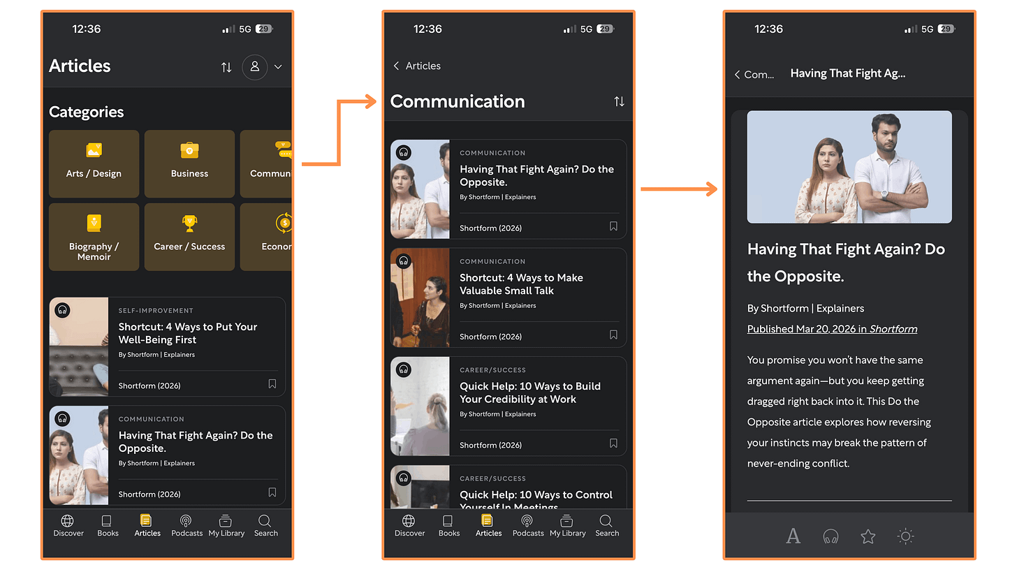 Shortform's Articles (mobile app + dark mode)