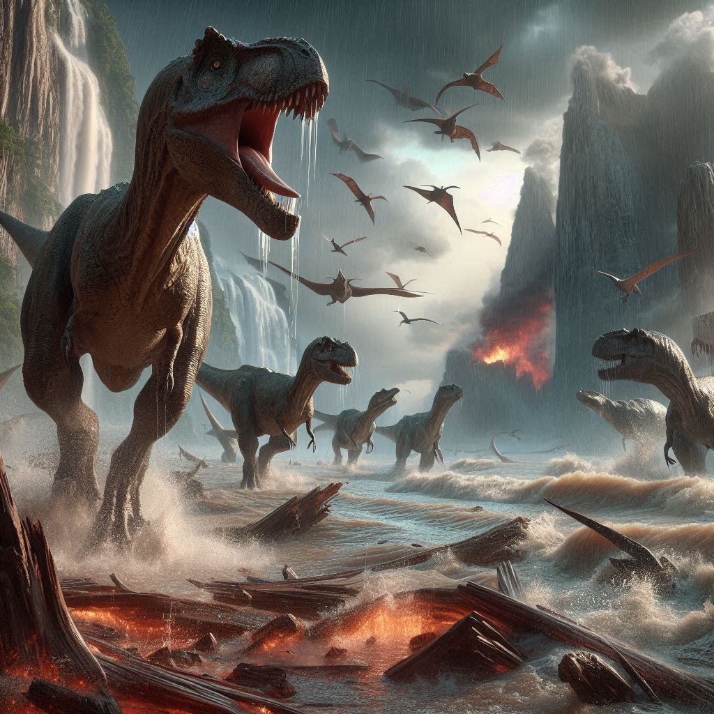 dinosaurs trapped in a catastrophic prehistoric flood photorealistic