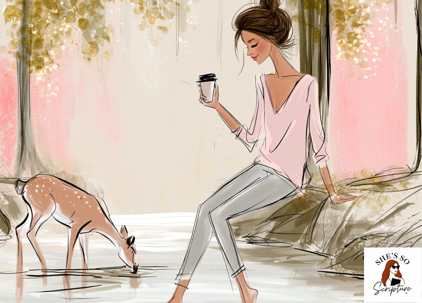 An illustrated woman walking barefoot beside a quiet stream holding a coffee cup, a deer is drinking from the water and the woman is gazing at the water with quiet relief and wonder in warm dappled light, rendered in a whimsical fashion illustration style with blush pink and cream watercolor tones. An illustrated woman walking barefoot beside a quiet stream holding a coffee cup, a deer is drinking from the water and the woman is gazing at the water with quiet relief and wonder in warm dappled light, rendered in a whimsical fashion illustration style with blush pink and cream watercolor tones.