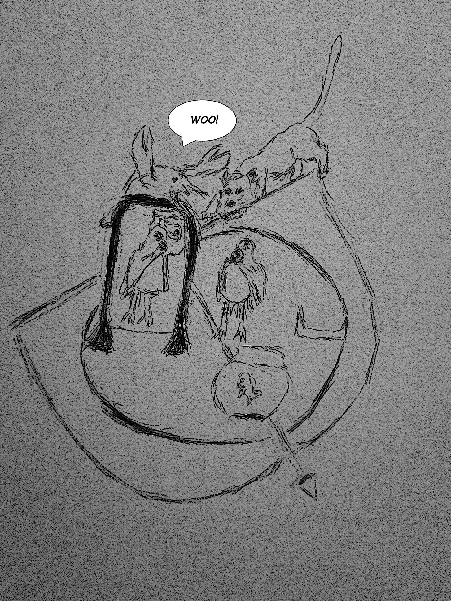 Drawing of a pigeon, a fish in a bowl and some horns on a plate. On the other side of the plate, there's a mirror where the pigeon's twin is visible and the fish in the bowl is also visible. The horns are out of sight because they're on the far right of the image. On top of the mirrow, a lobster says, "Woo!" A female line tugs at the bowstring of the giant bow that all of the aforementioned sits in. A Chilltown Blues illustration. 