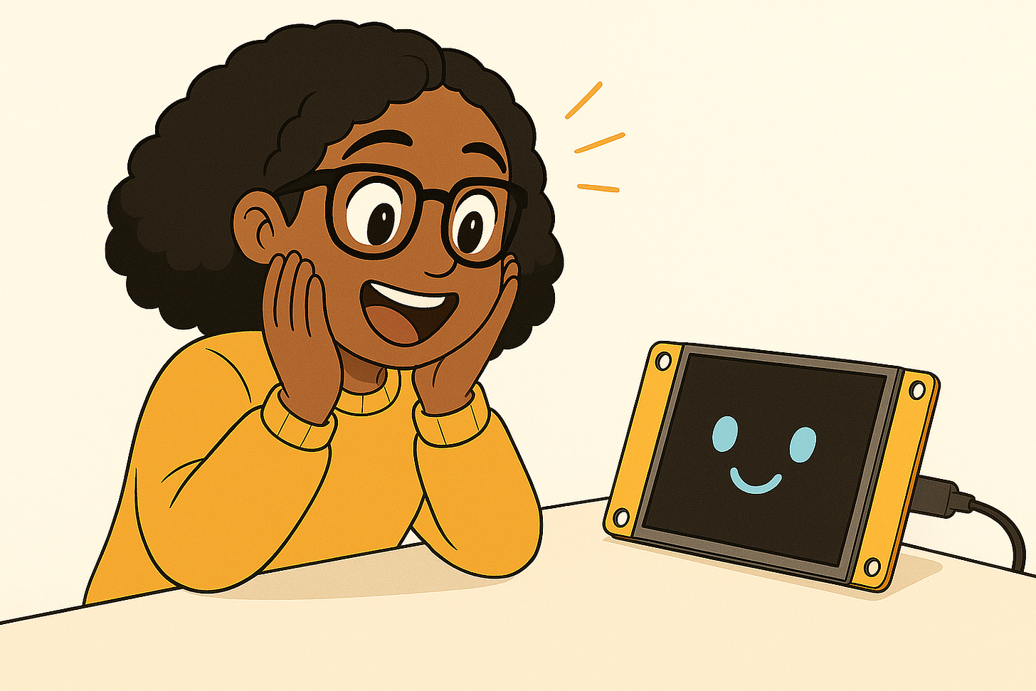 Illustration of Patricia smiling excitedly at a small yellow ESP32 display on a table showing a bright blue smiling face.