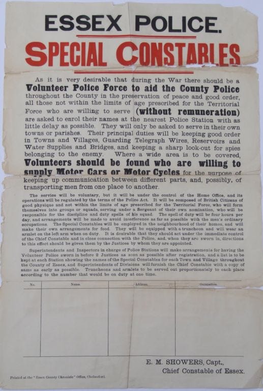 Special Constable sign up sheet featuring a long description of the role (transcribed in full below) and a space for people to sign up. 