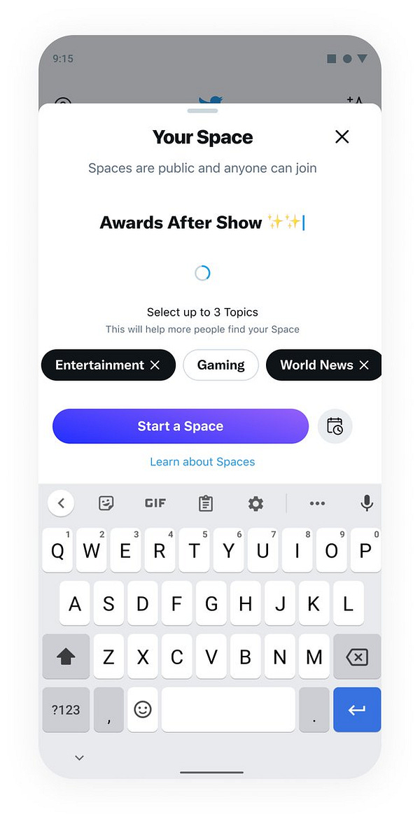 The Space composer is open on an Android phone and is titled “Awards After Show.” There is a new section that prompts the composer to “Select up to 3 Topics.” Topics include Entertainment, Gaming, World News and more.