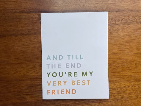 Images of a greeting card's front and back and a letter from Margot to herself inside