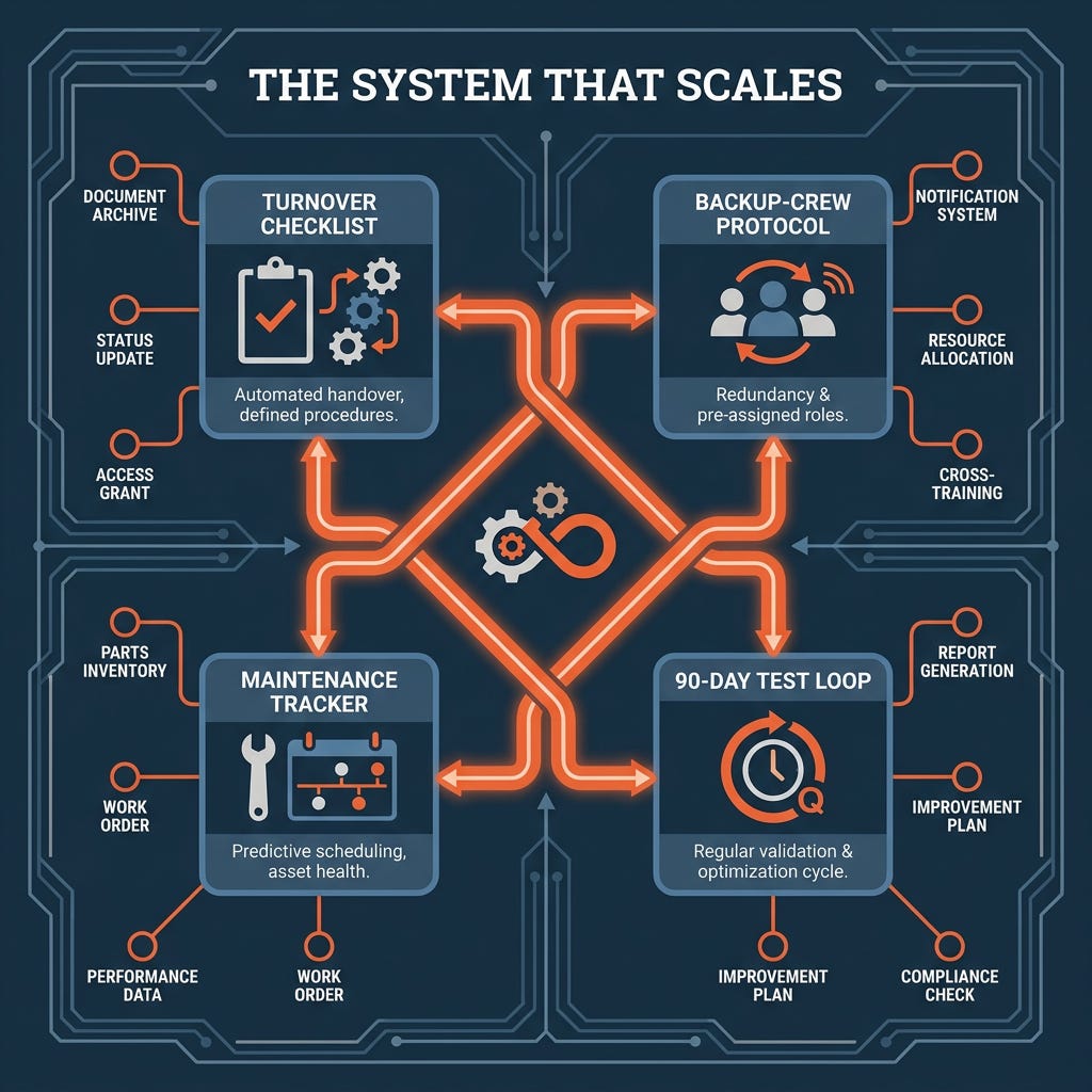 The System That Scales — a balanced, interconnected grid of operational nodes joined by orange connecting lines, supporting itself without a central operator.