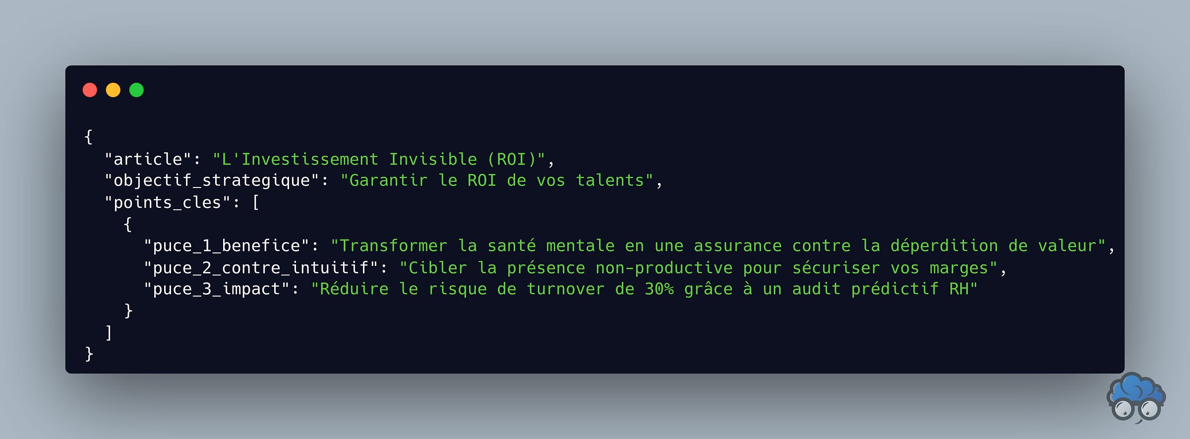 Carte de code JSON pour l'audit RH : Objectifs pour transformer la santé mentale en une assurance ROI et réduire le risque de turnover.