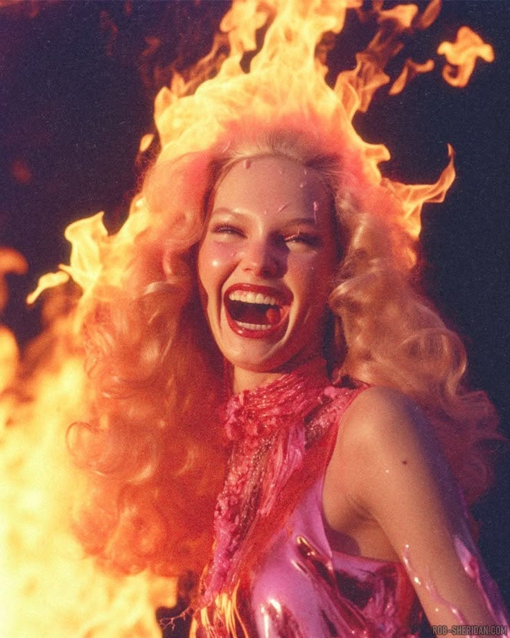 This may contain: a woman with blonde hair and makeup is smiling in front of a large fireball