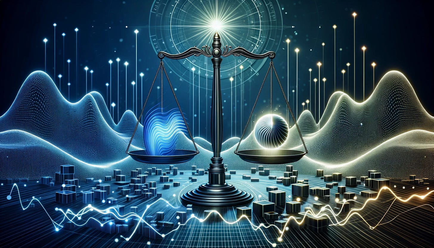 Illustration - Strategy in Balance -002: A sleek, digital space where virtual nodes, representing market makers, adjust and pulse in a rhythmic pattern. Flowing digital currents connect these nodes, representing the constant need for rebalancing. In the center, a prominent balance scale steadies two contrasting elements: a dynamic wave (representing market fluctuations) on one side, and a solid block (symbolizing a robust strategy) on the other. Above the scale, a radiant star shines, denoting the pinnacle of expertise in rebalancing strategies.