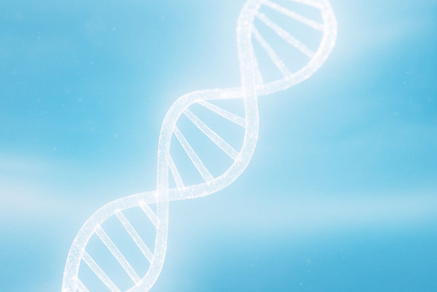 A luminous, intricate DNA double helix made of light, glowing against a soft, bright sky, symbolizing the intelligent programming of life.