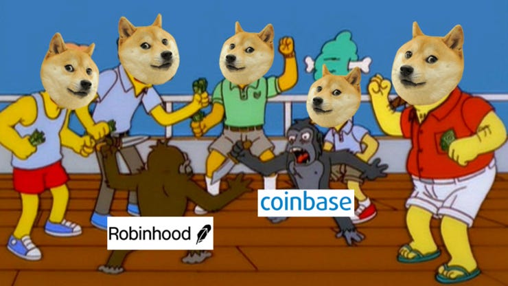 The Dogecoin community stands by as Coinbase and Robinhood race to appease the Doge Army