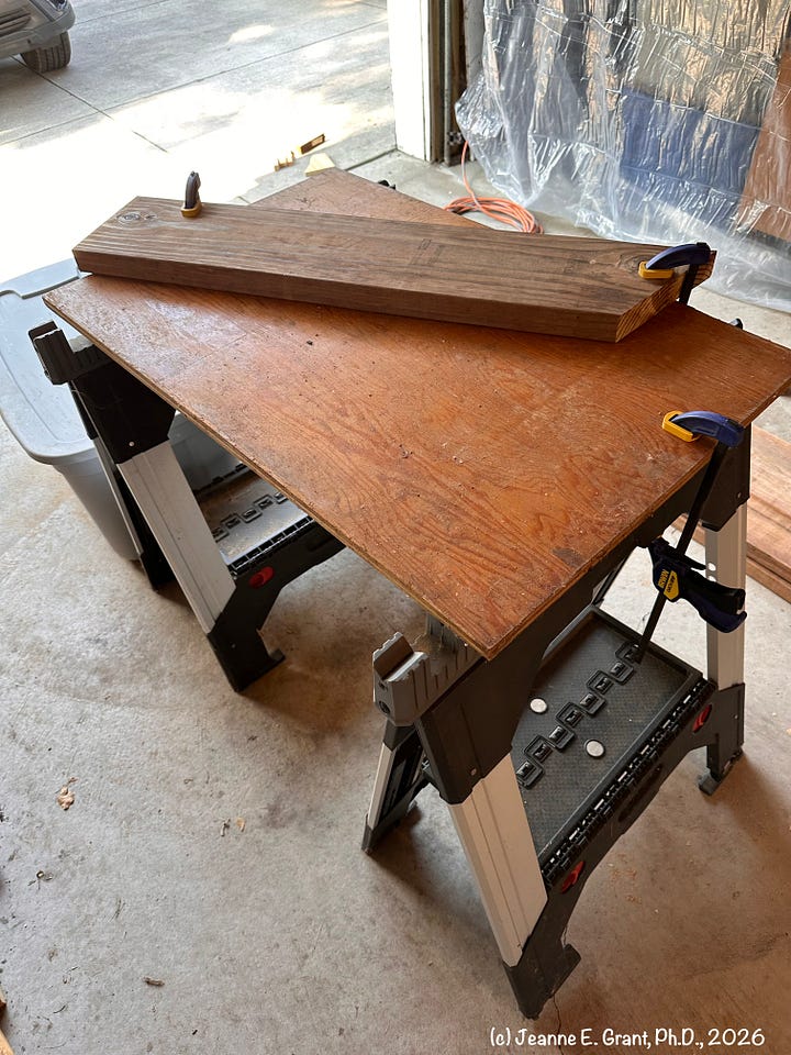 four photos showing pretreated wood on horses in a garage or standing against a wall