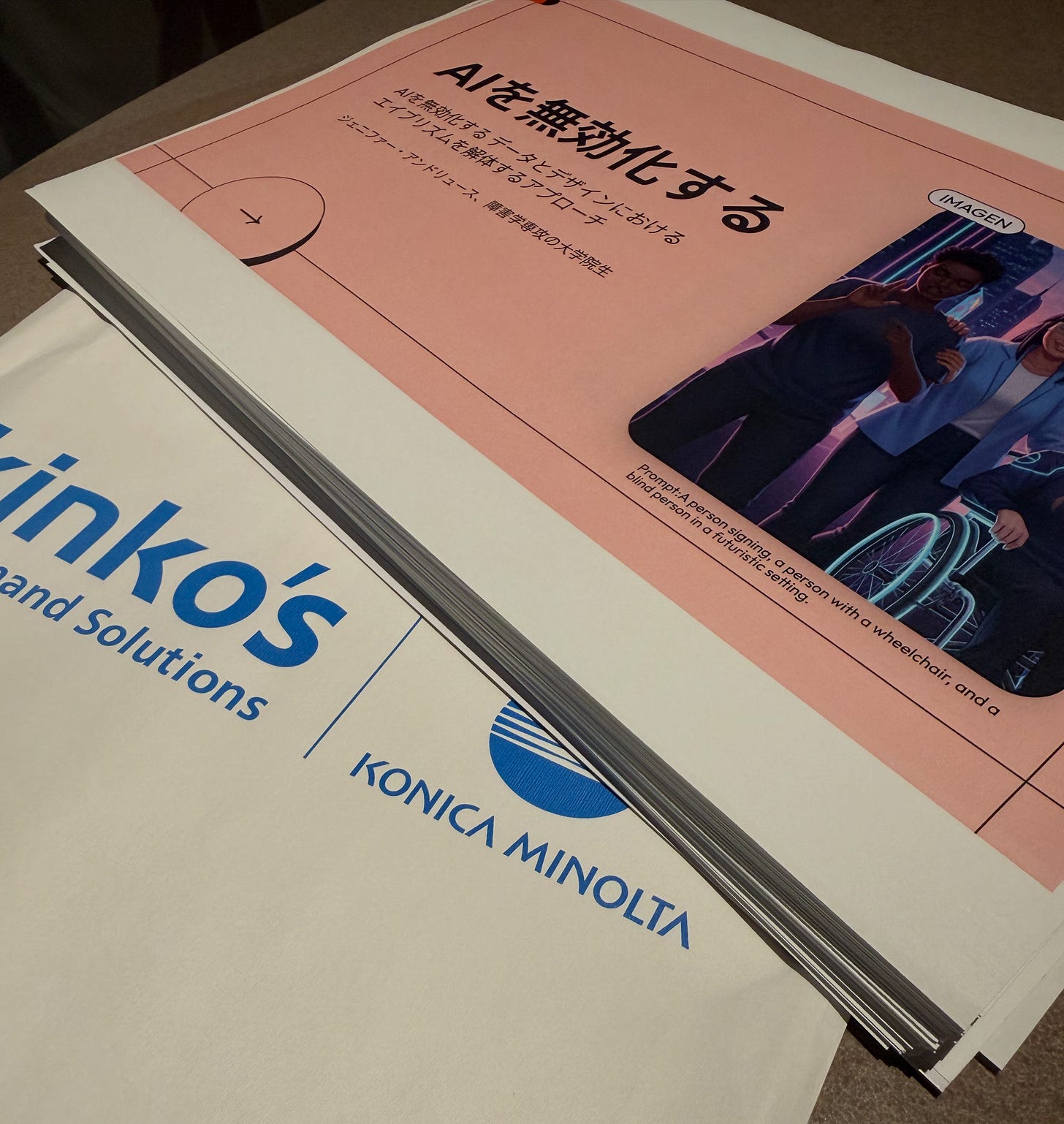 A printed poster in Japanese titled "AIを無効化する" (Neutralizing AI), exploring approaches to dismantling ableism in data and design. The poster features an AI-generated image (labeled "IMAGEN") and sits atop a Kinko's / Konica Minolta printing envelope.