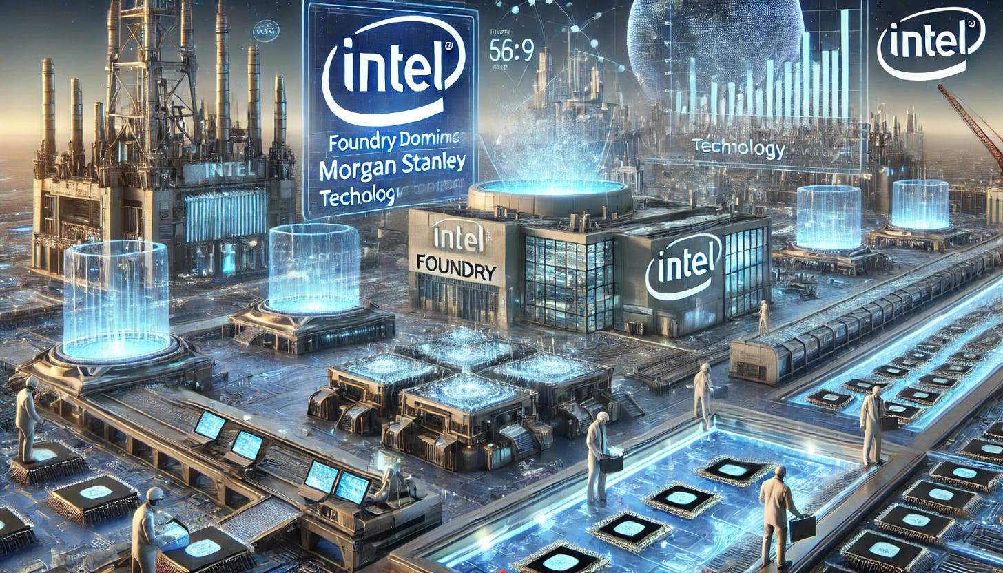 A 16:9 futuristic illustration showcasing Intel’s push for foundry dominance. The scene features a high-tech Intel-branded semiconductor fabrication facility with advanced chip manufacturing equipment. Engineers and robotic systems oversee silicon wafers being processed for both Intel’s own products and external customers. Holographic financial charts highlight Intel’s foundry expansion and roadmap, referencing the Morgan Stanley Technology event. In the background, a futuristic skyline with interconnected data centers and factories symbolizes Intel’s ambition to lead in chip manufacturing and foundry services.