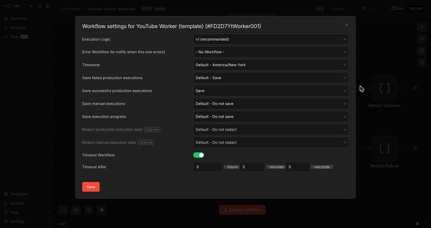 n8n Workflow settings modal for the YouTube Worker on n8n 2.18.5, listing Execution Logic, Error Workflow, Timezone, the four execution-saving options, two greyed-out redaction options marked Upgrade, and Timeout. There is no This workflow can be called by row, because that control requires the paid Workflow sharing feature