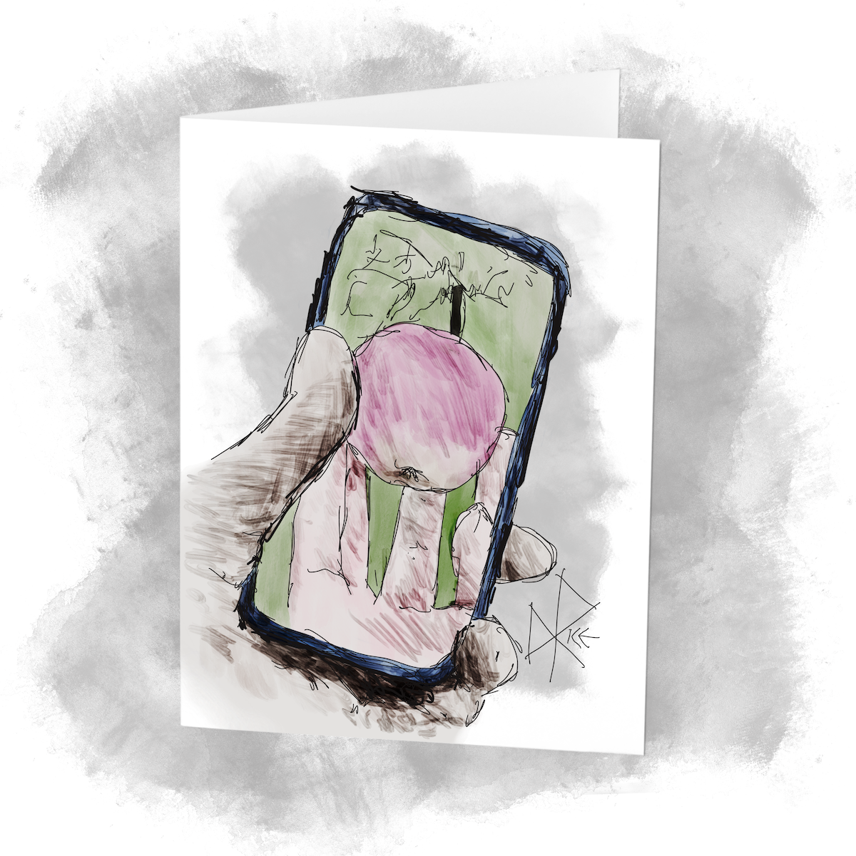 A hand holding an iPhone. The phone’s screen is displaying an image of an apple. Sketch art by Don Rice. A hand holding an iPhone. The phone’s screen is displaying an image of an apple. Sketch art by Don Rice.