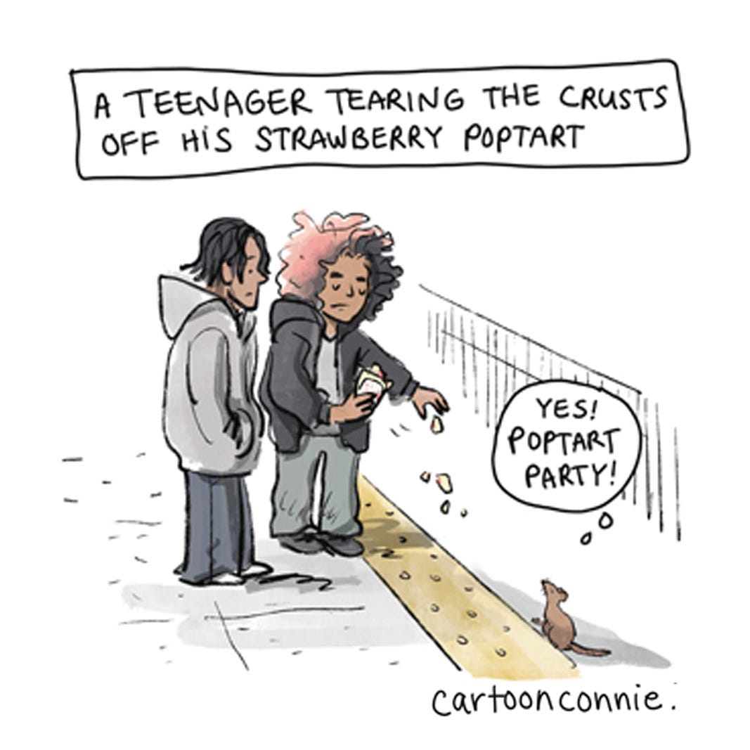 Panel 3 of a 6-panel diary comic with small scenes from New York City, drawn from memory by the artist. Titled "Small New York," 2026, by Connie Sun, cartoonconnie. 