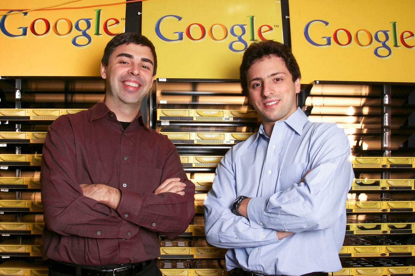Larry Page and Sergey Brin standing in front of Google servers during the early days of the company Larry Page and Sergey Brin standing in front of Google servers during the early days of the company