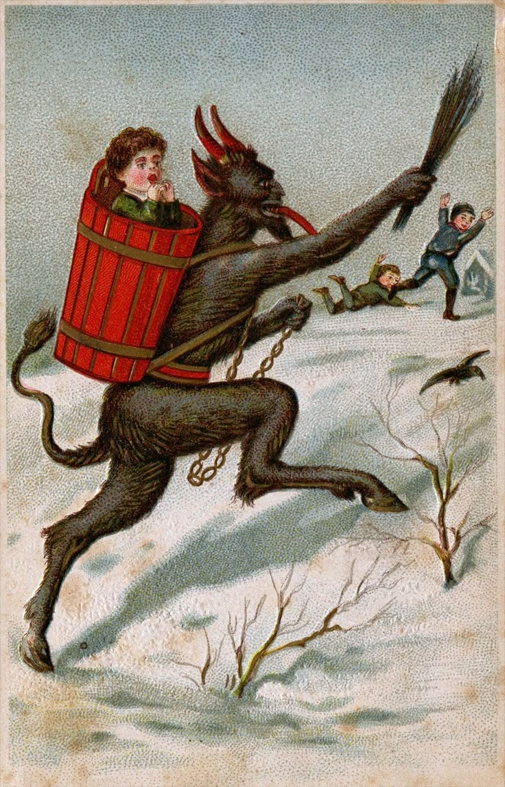 This may contain: an old fashioned christmas card shows a boy riding on a horse with a basket in its mouth