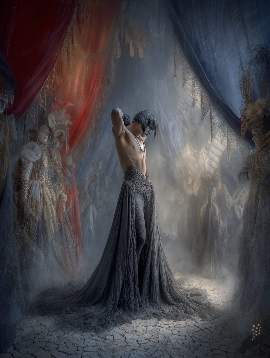 Dreamlike fine art image of a figure in a flowing dark gown standing between red and blue curtains in a misty room with faint figures in the background.