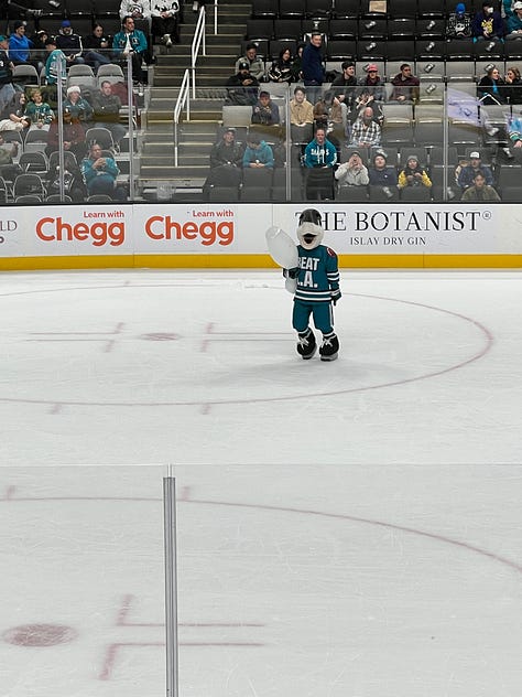 images of hockey arena, 2 girls wearing masks, a mascot shark on ice