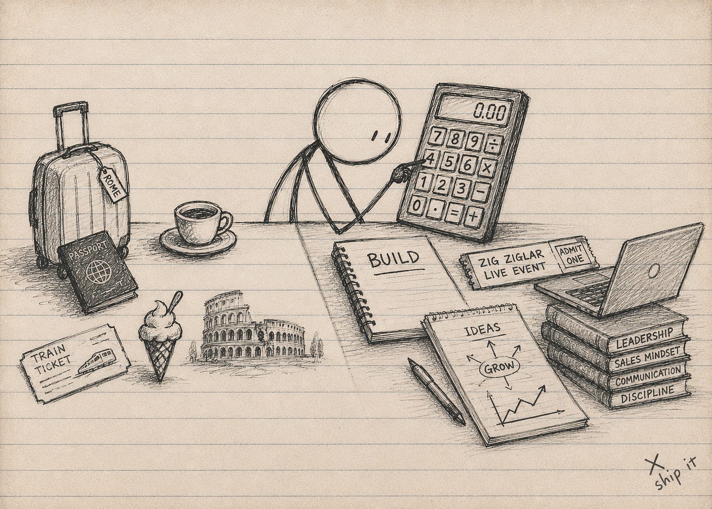 Black-and-white pencil sketch on ruled notebook paper showing a stick figure studying a large calculator beside symbols of travel and growth. On the left are a suitcase with a Rome luggage tag, passport, train ticket, espresso cup, gelato cone, and a sketch of the Colosseum. On the right are a “Build” notebook, Zig Ziglar event ticket, laptop, stacked leadership books, and notes labeled “Ideas” and “Grow.” A tilted “ship it” signature appears in the corner.
