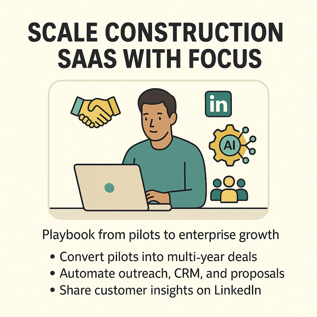 Image showing a construction SaaS founder at laptop with icons for LinkedIn, AI, community, and handshake under growth strategy headline