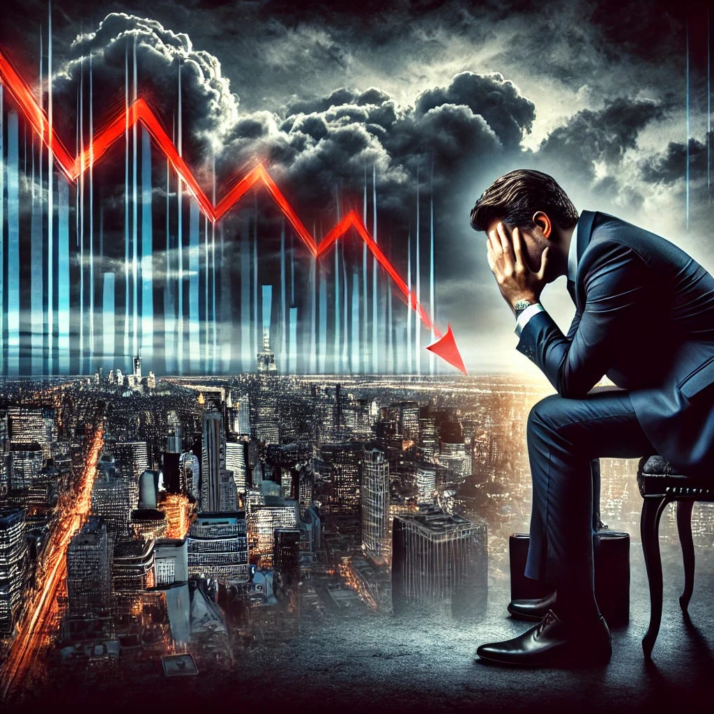A dramatic illustration of a financial crisis: a stock market graph plunging downward, a worried businessman holding his head in his hands, and a cityscape with dark storm clouds. The image should convey economic downturn and uncertainty with a somber color palette.