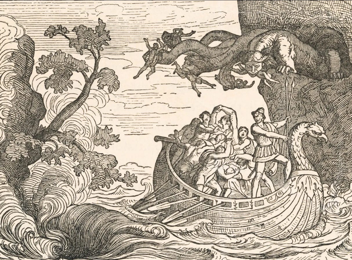 Historic black and white engraving of Scylla attacking sailors from cliffside as their boat passes through turbulent sea, included as visual reference in the Tarot DMs interview with Alice Slater by Finbarre Snarey.