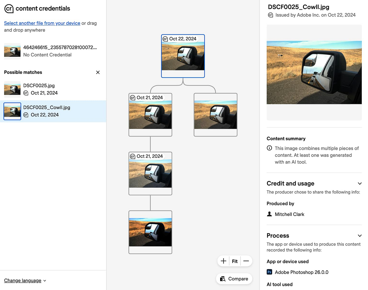 Screenshot of Adobe's Content Credentials interface showing metadata that reveals AI involvement in image creation and helps verify authenticity
