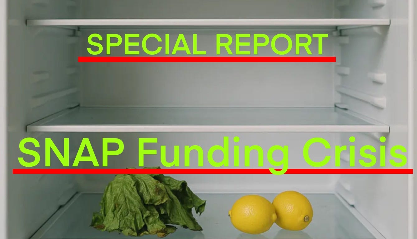 An almost empty refrigerator with two lemons and wilted lettuce on a shelf. Bright green text reads: ‘Special Report – SNAP Funding Crisi