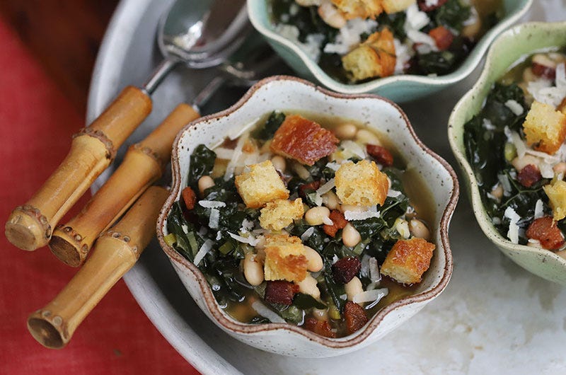 Tuscan Kale, Leek and White Bean Soup with Bacon, Parmigiano & Rustic Croutons, Cook the Vineyard