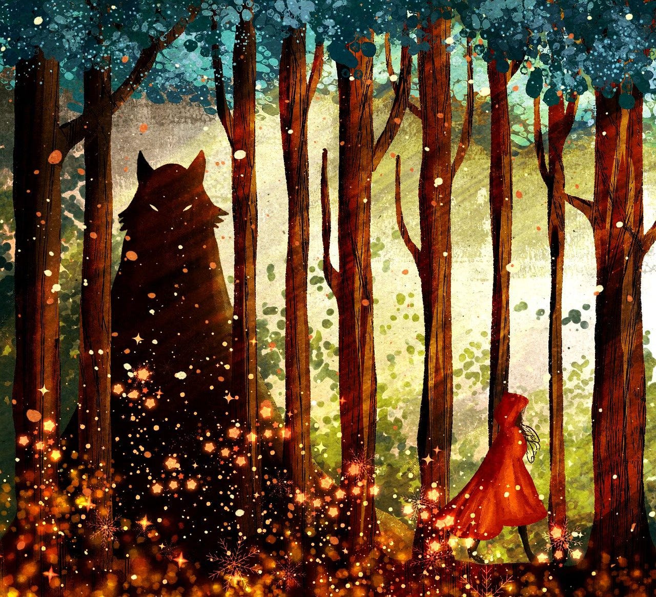 beautiful illustration of a forest scene, with a big bad wolf to the left and Little Red Riding Hood down the hill to the right, sprinkling magical fairy dust in her path