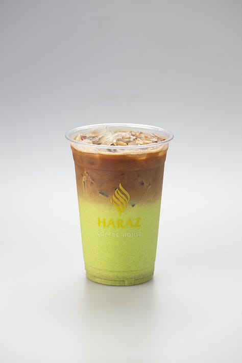 a collection of drinks and honeycomb bread from Haraz Coffee House