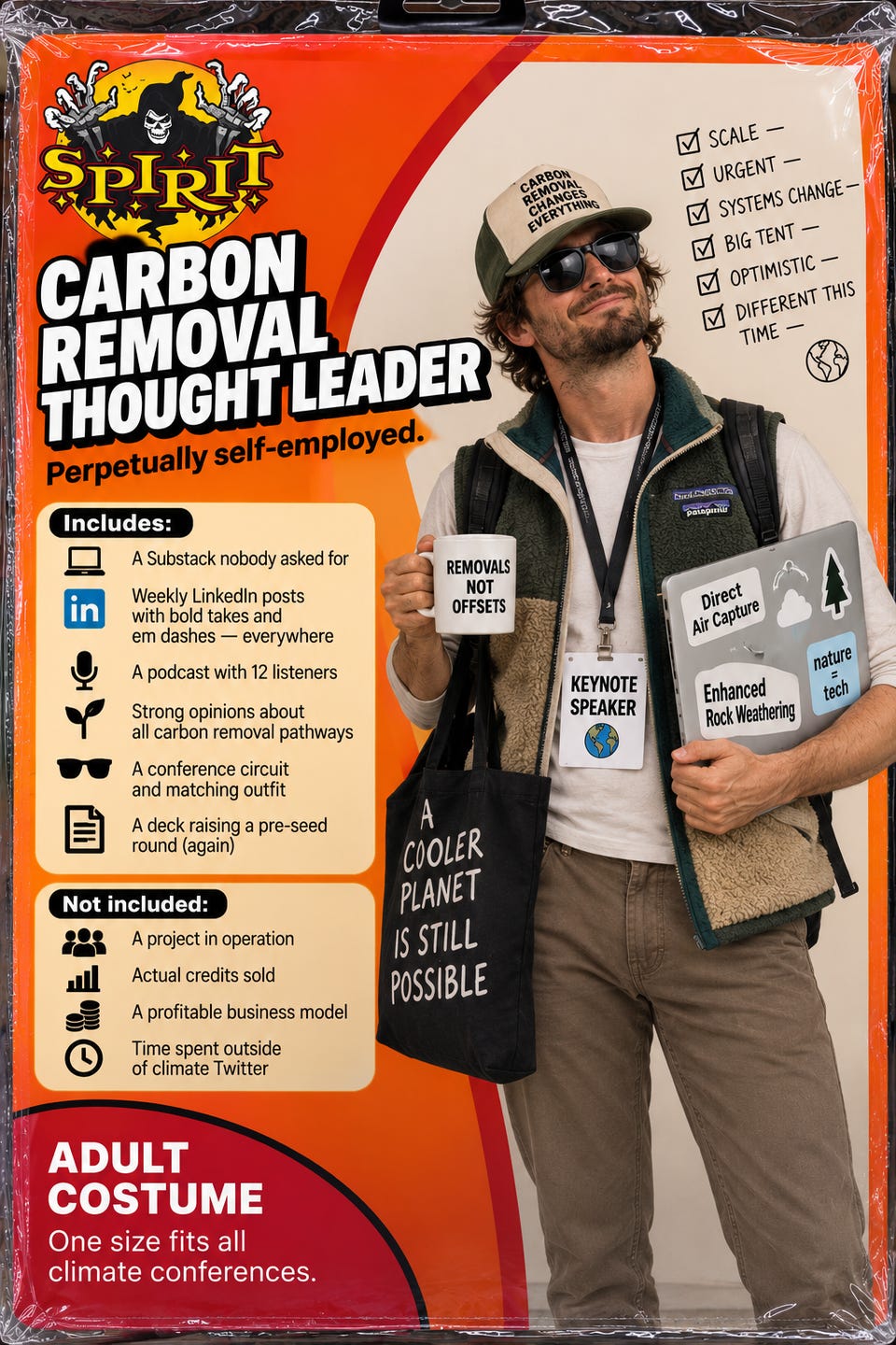 A Spirit Halloween costume package for a "Carbon Removal Thought Leader" ("Perpetually self-employed."): a man in a "Carbon Removal Changes Everything" cap and fleece vest with a "Keynote Speaker" lanyard, holding a "Removals not offsets" mug, a tote reading "A cooler planet is still possible", and a laptop stickered Direct Air Capture, Enhanced Rock Weathering and nature + tech. A checklist ticks off scale, urgent, systems change, big tent, optimistic, different this time. Includes: a Substack nobody asked for, weekly LinkedIn posts with bold takes and em dashes everywhere, a podcast with 12 listeners, strong opinions about all carbon removal pathways, a conference circuit and matching outfit, a deck raising a pre-seed round (again). Not included: a project in operation, actual credits sold, a profitable business model, time spent outside of climate Twitter. Adult costume, one size fits all climate conferences.
