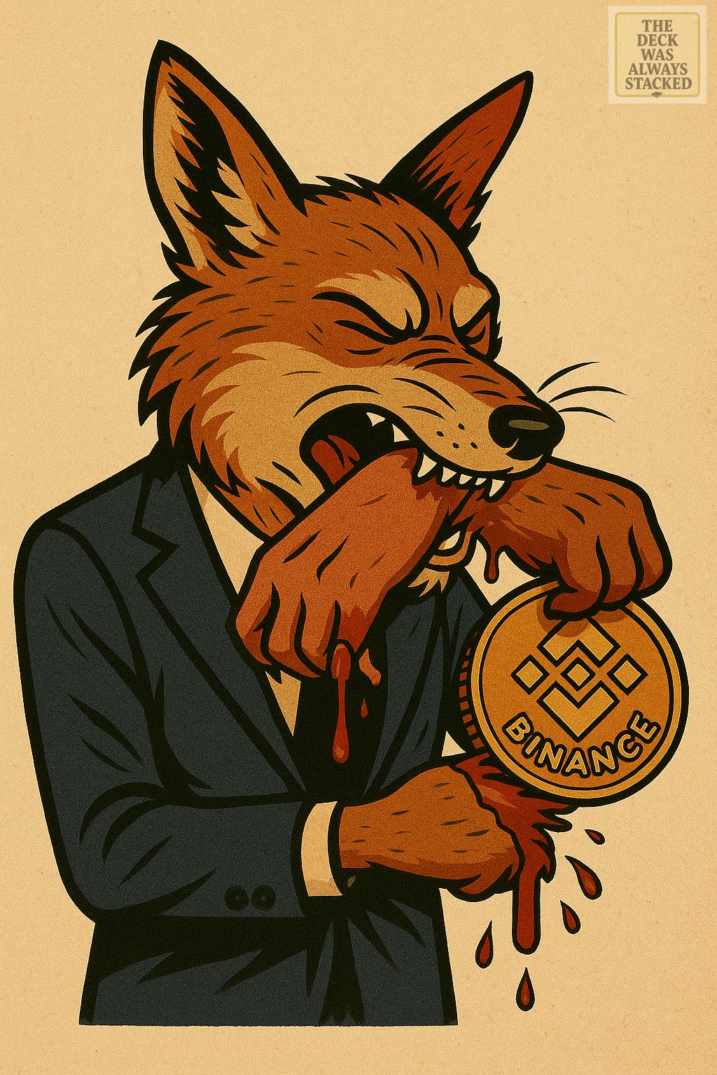 A cartoon coyote grimaces as it bites off its own arm, which is still clutching a shiny Binance coin. Blood sprays as the severed limb falls. Behind him, a desert billboard reads “TRUMP 2024.” In the distance: a fake “Binance HQ” sign, a wrecked 60 Minutes logo, and vultures perched with DOJ hats.When your “get out of jail” card costs more than your soul