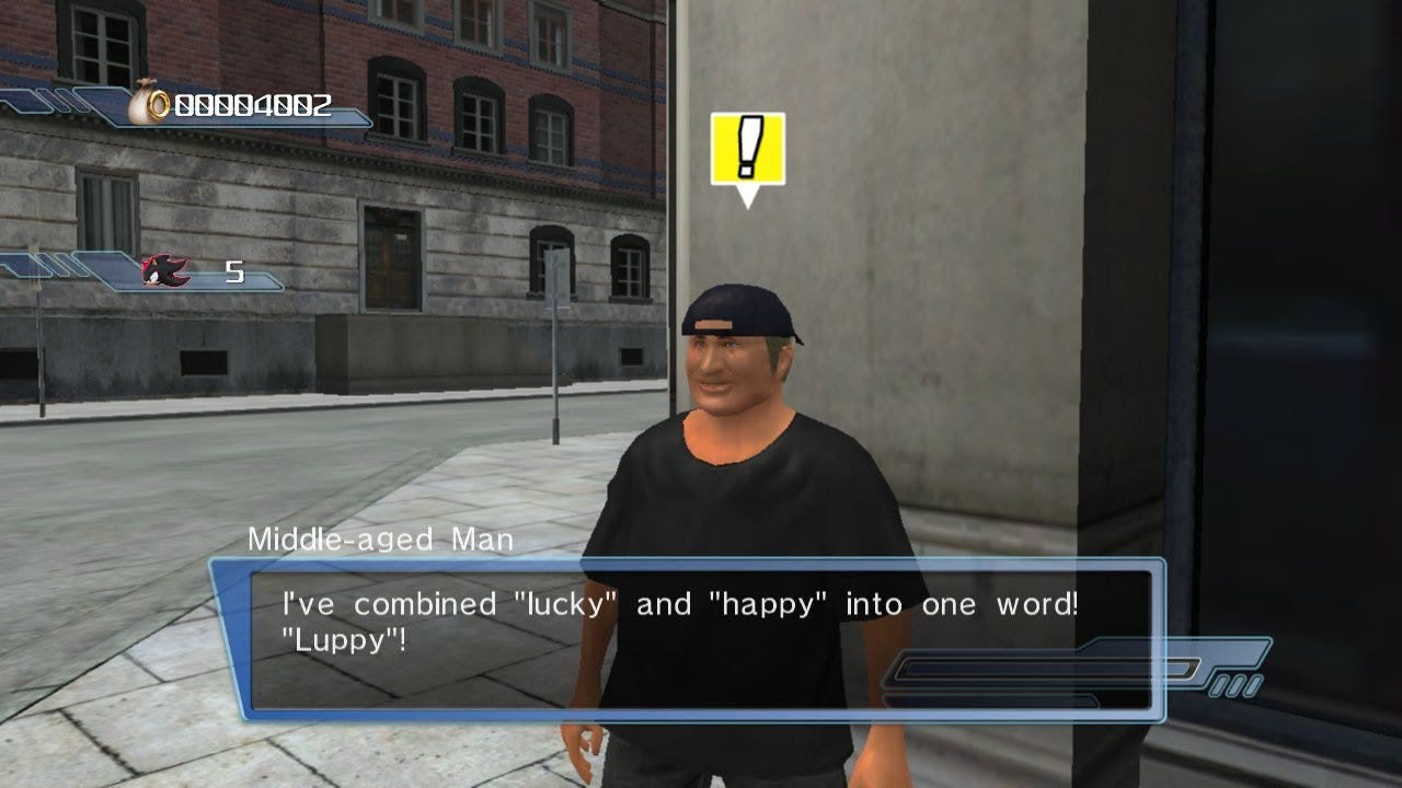 A man in a grey shirt and black, backwards baseball cap says "I've combined happy and lucky into one word! Luppy!"