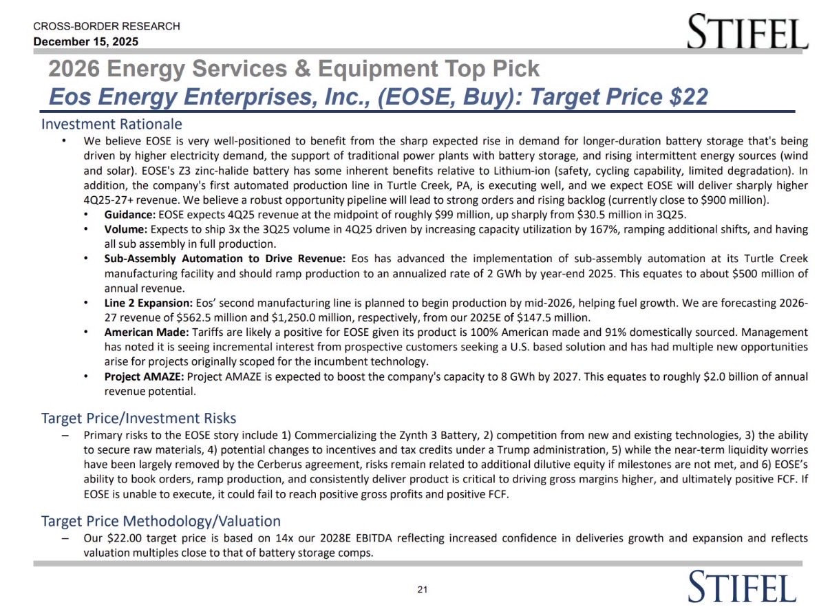 研報解讀】Stifel 2026年能源設備「首選股」：EOSE 目標價$22？