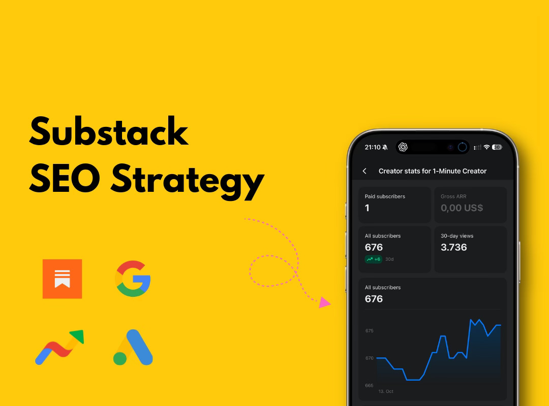 substack seo strategy with google and Substack icons and iPhone with Substack stats substack seo strategy with google and Substack icons and iPhone with Substack stats