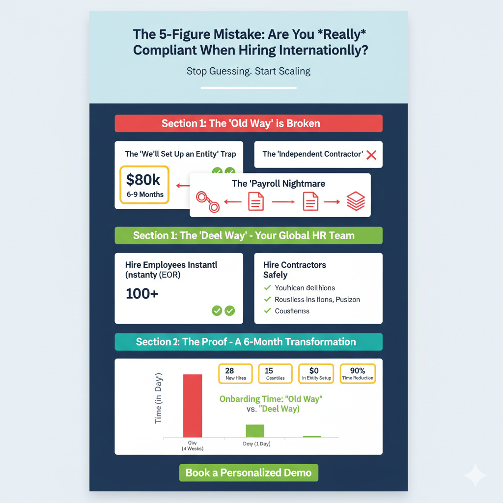 Infographic: "Old Way" hiring ($80k) vs. "Deel Way" (1 day).
