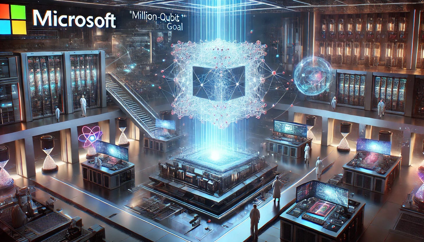 A 16:9 futuristic illustration showcasing Microsoft's unveiling of 'Majorana 1,' its groundbreaking quantum chip. The scene features a glowing, topologically designed quantum chip floating above a high-tech Microsoft-branded quantum computing lab. Holographic displays highlight the million-qubit goal and real-world industrial applications. Scientists and engineers in futuristic lab coats monitor the system, while quantum circuits and data streams swirl around, symbolizing rapid progress in quantum computing. The background includes a sleek, high-tech environment emphasizing Microsoft's quantum leap into the future.