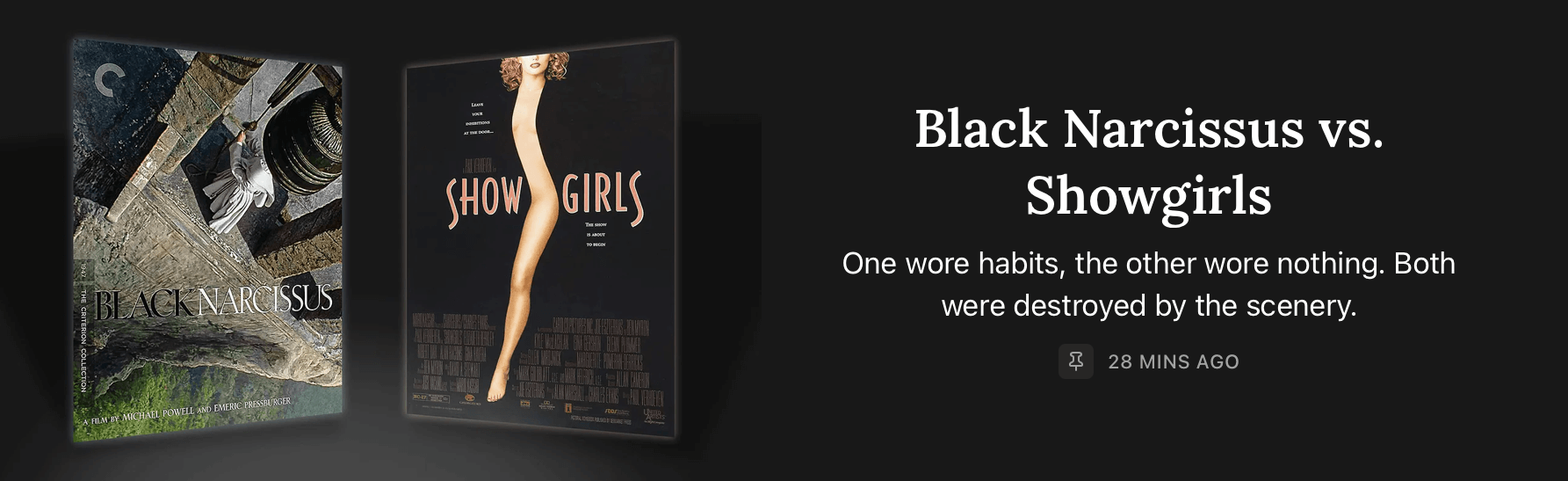 Preview of a Split Screen article entitled Black Narcissus vs. Showgirls, showing the two movie posters facing off against one another.