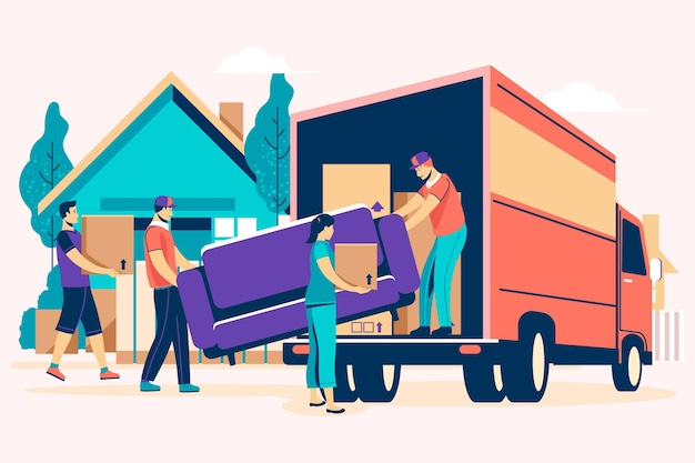 Free vector flat design house moving concept with truck Free vector flat design house moving concept with truck