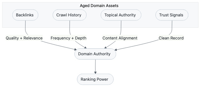 Four components of aged domain value flowing into effective domain authority