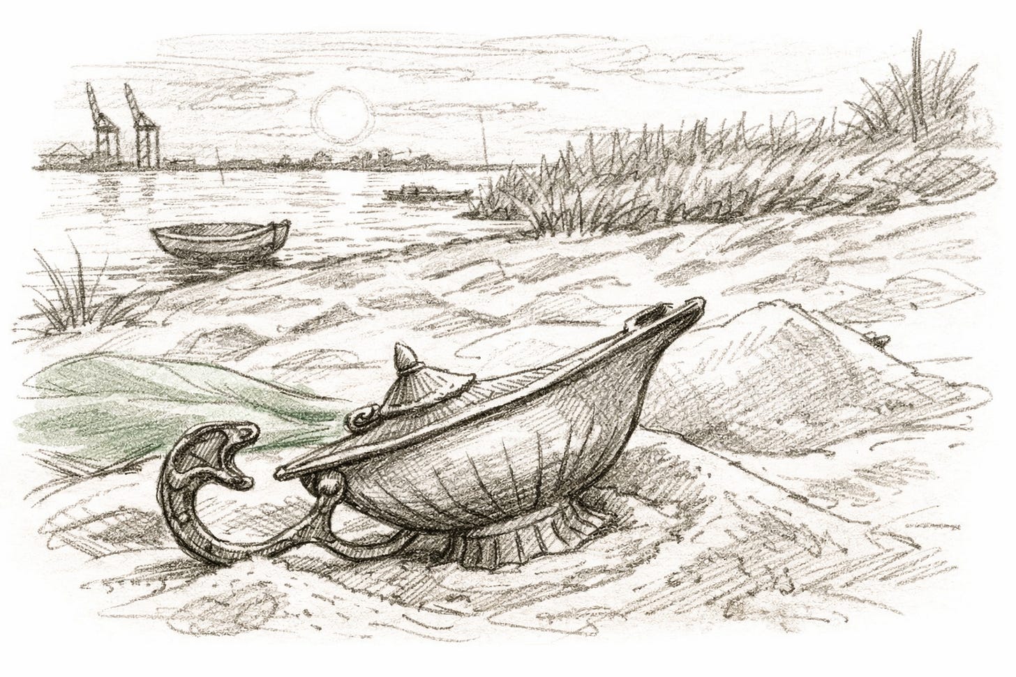 A hand-drawn pencil sketch of an antique genie lamp resting on sand, rendered in a simple, muted style with one subtle accent of color. A hand-drawn pencil sketch of an antique genie lamp resting on sand, rendered in a simple, muted style with one subtle accent of color.