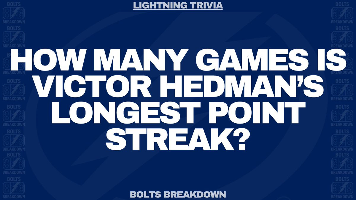Graphic with dark blue background and white borders displays Lightning Trivia title in white text at top. Bold white text asks How many games is Victor Hedmans longest point streak. Bottom features Bolts Breakdown in white text. Overall design uses team colors with clean layout.