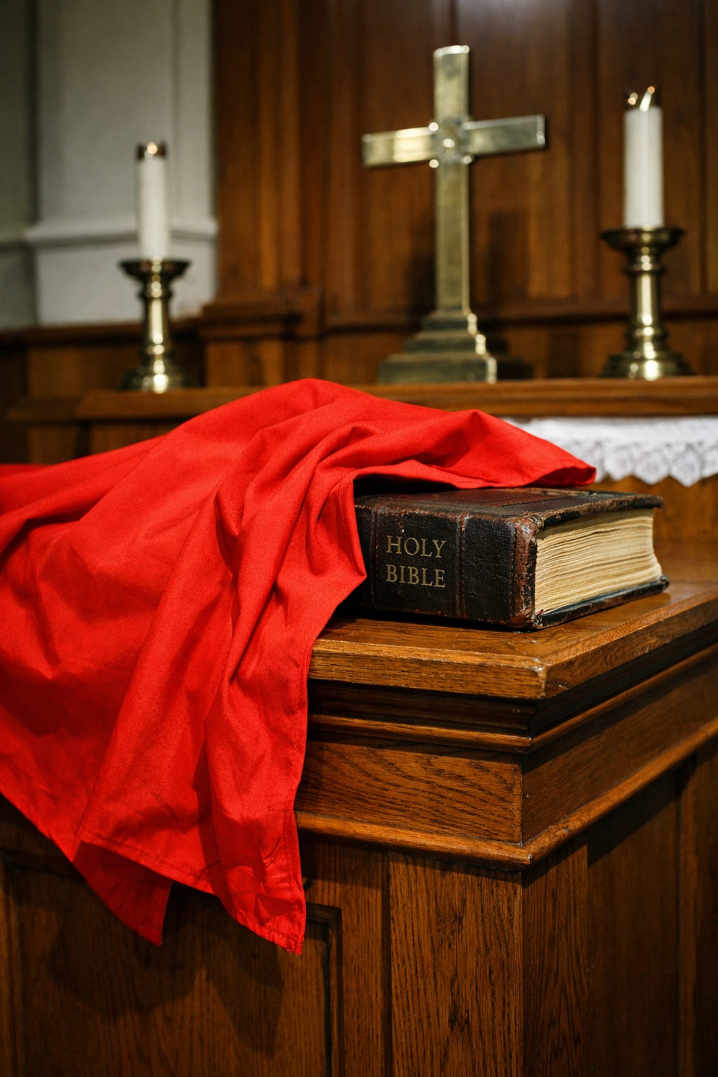 Scarlet cloth obscuring a Bible on an altar, symbolizing the Sinicization of Christianity and natural law.