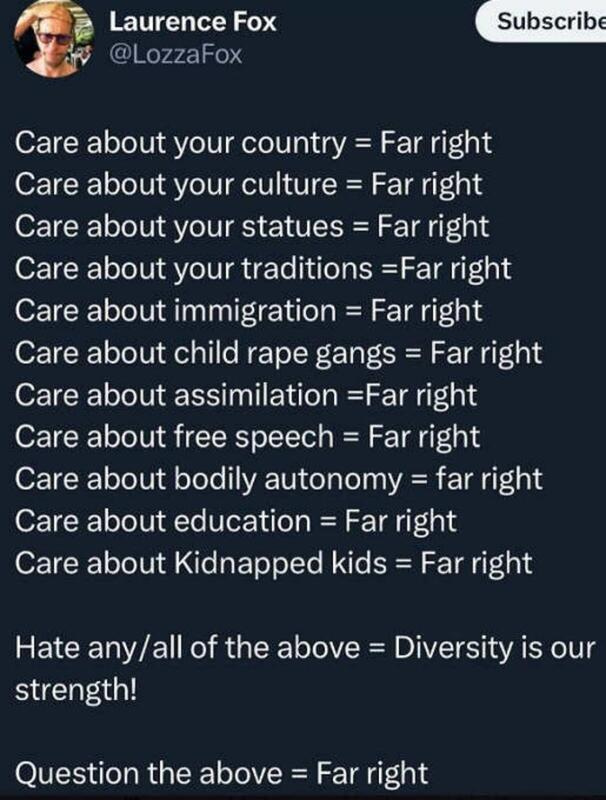 May be an image of 1 person and text that says 'Laurence Fox @LozzaFox Subscribe Care about your country Far right Care about your culture Far right Care about your statues Far right Care about your traditions =Far right Care about immigration Far right Care about child rape gangs Far right Care about assimilation =Far right Care about free speech Far right Care about bodily autonomy far right Care about education Far right Care about Kidnapped kids= Far right Hate any/all of the above strength! Diversity is our Question the above =Far right'