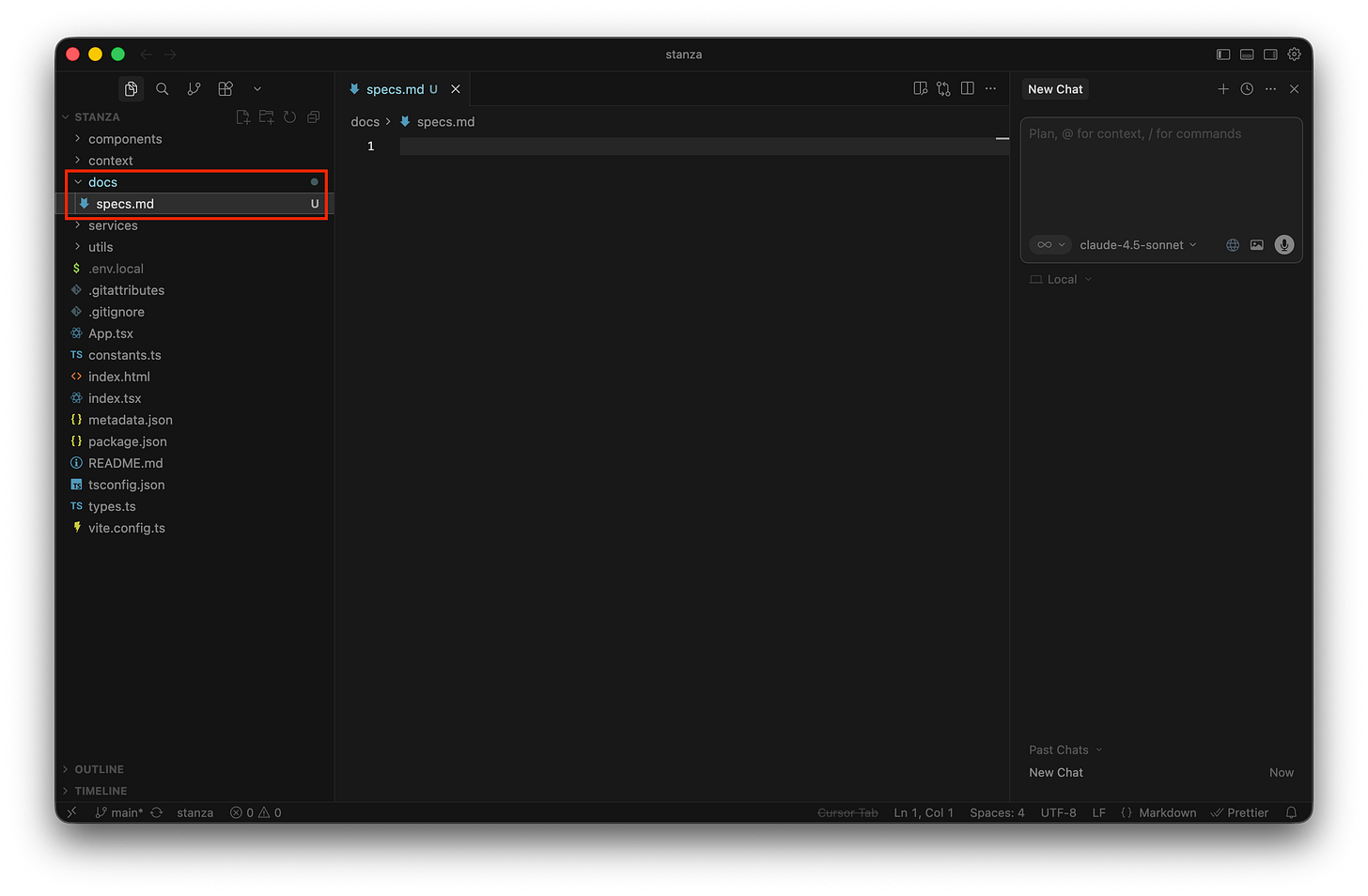 The Cursor code editor shows a newly created docs folder containing an empty specs.md file in the left file explorer. The Cursor code editor shows a newly created docs folder containing an empty specs.md file in the left file explorer.